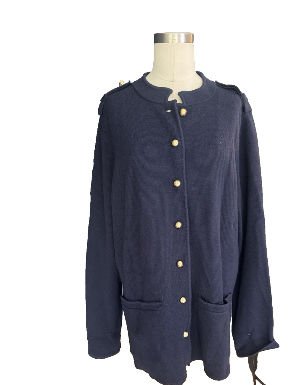 Talbots Women's Plus 1X Navy Merino Wool Military Cardigan Gold Buttons